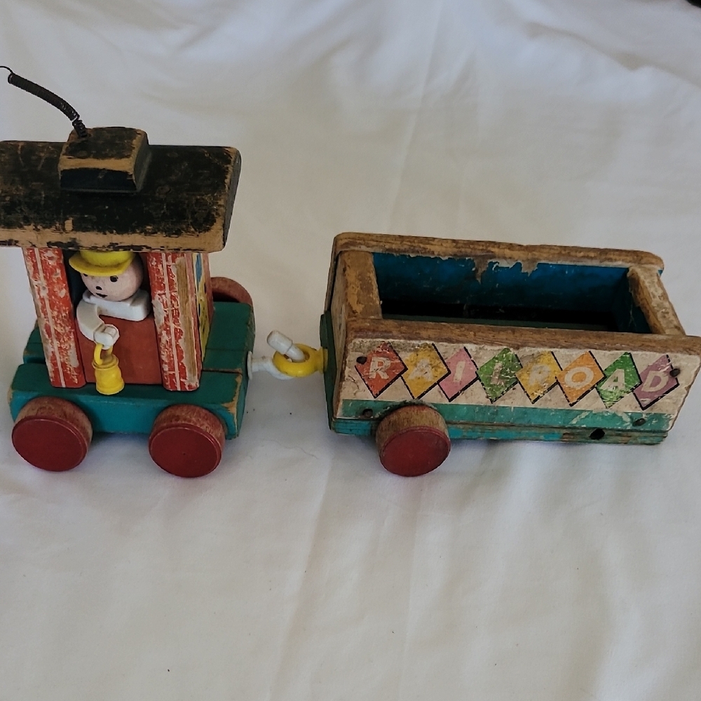 Vintage Wooden Train Toy with Red and Green Colors